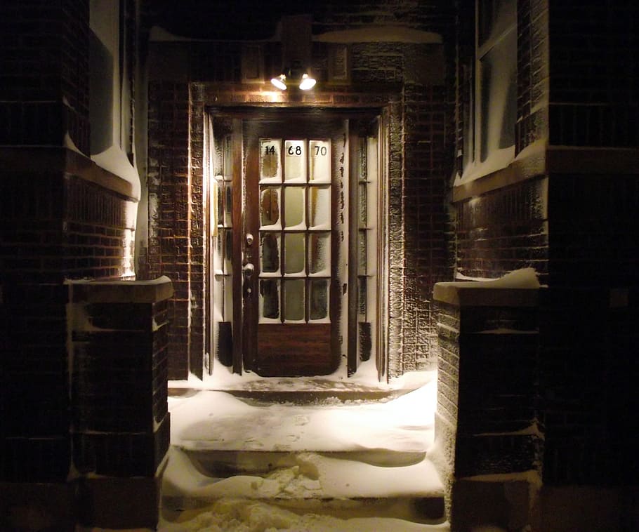 snow covered house during night, cold, door, stairs, lost, homeless HD wallpaper