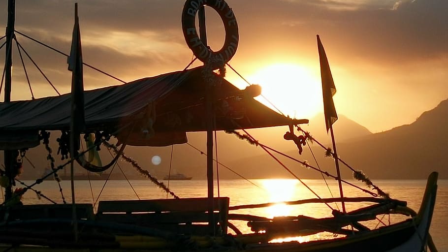 sunset, boat, artistic, reflection, philippines, sky, water HD wallpaper