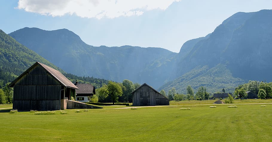 austria, cottage, sky, nice, landscape, blue sky, nature, cloud HD wallpaper