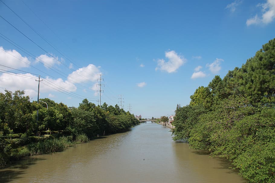 blue sky, white cloud, jiangnan, river, green, plant, tree HD wallpaper