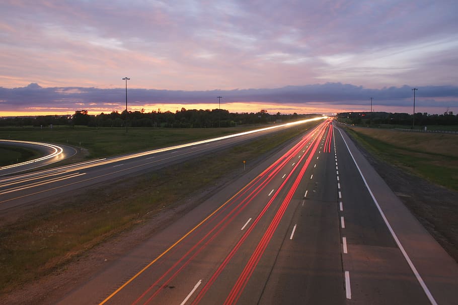 highway, road, lights, blur, motion, long-exposure, motorway night HD wallpaper