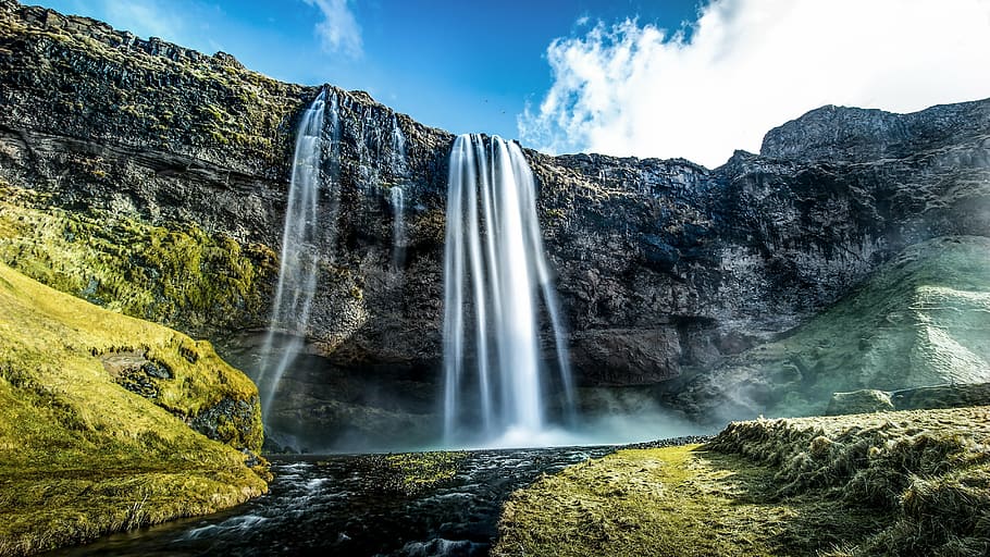 landscape photo of waterfalls during daytime, cliff, stream HD wallpaper