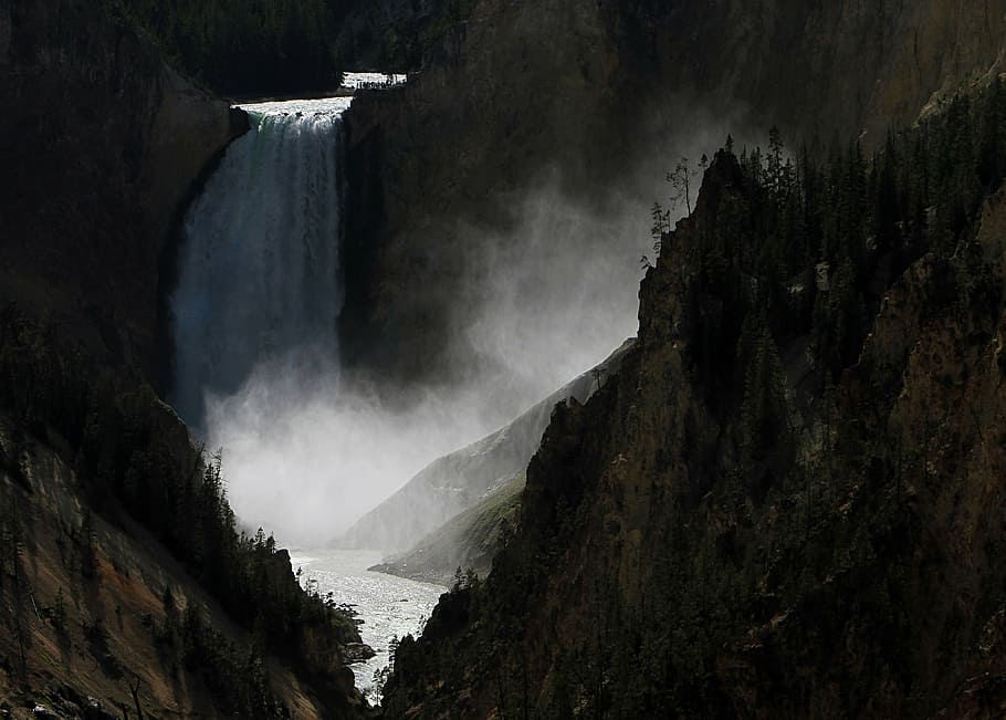waterfall between mountain, lower falls, mist, river, yellowstone national park HD wallpaper