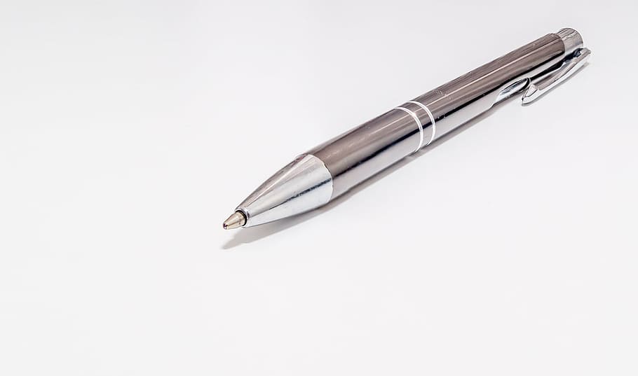 gray retractable pen on white top, ball-point pen, ink pen, write, HD wallpaper