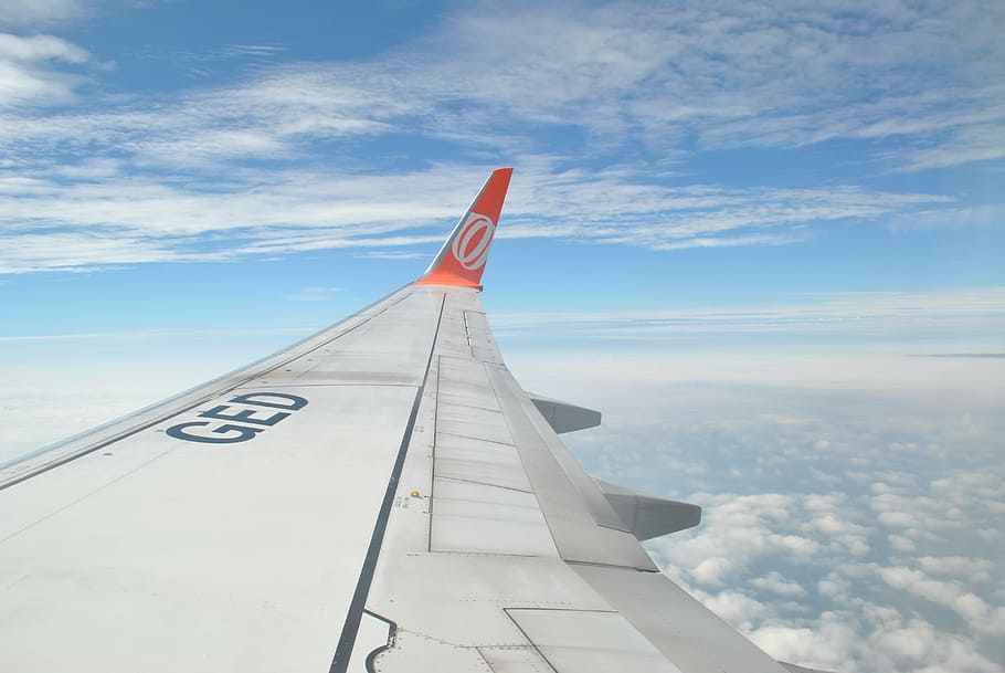 clouds, wing, plane, travel, cloud - sky, airplane, transportation HD wallpaper