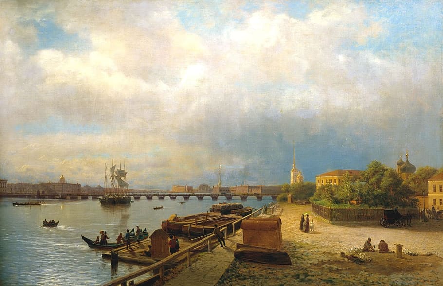 Lev Lagorio, Painting, Clouds, art, sky, bay, harbor, water