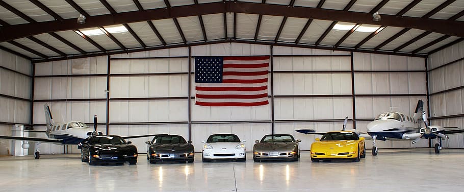 five cars inside shed, corvette, auto, automobile, chevrolet, HD wallpaper