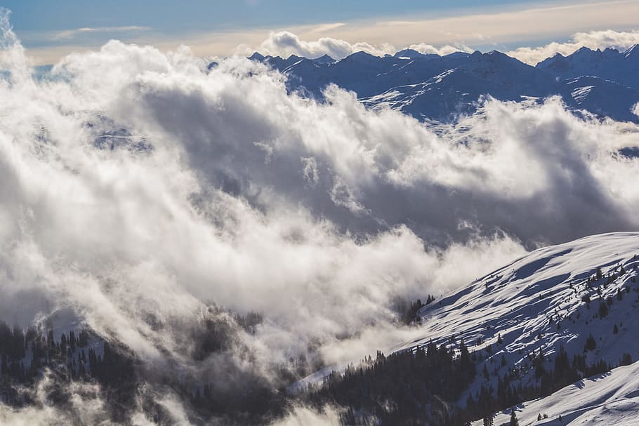 white clouds over mountain, snow coated mountains, aerial photography HD wallpaper