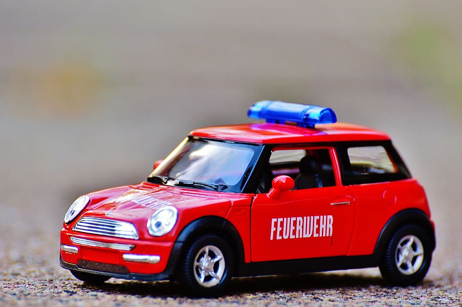 Fire, Mini Cooper, Auto, Model Car, red, blue light, vehicle HD wallpaper