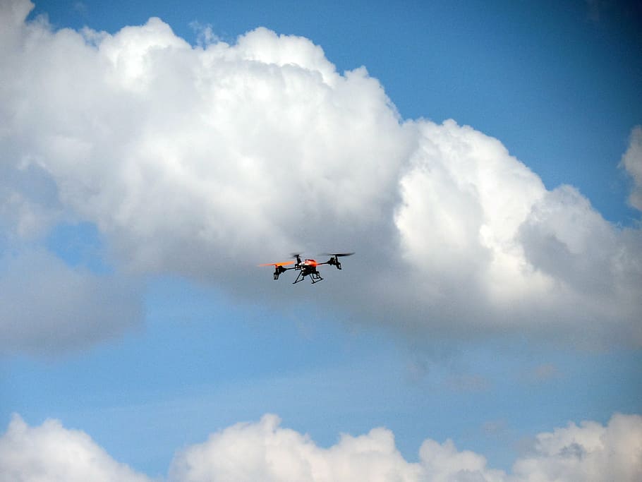 black and red quadcopter in flight, quadrocopter, drone, remotely controlled HD wallpaper