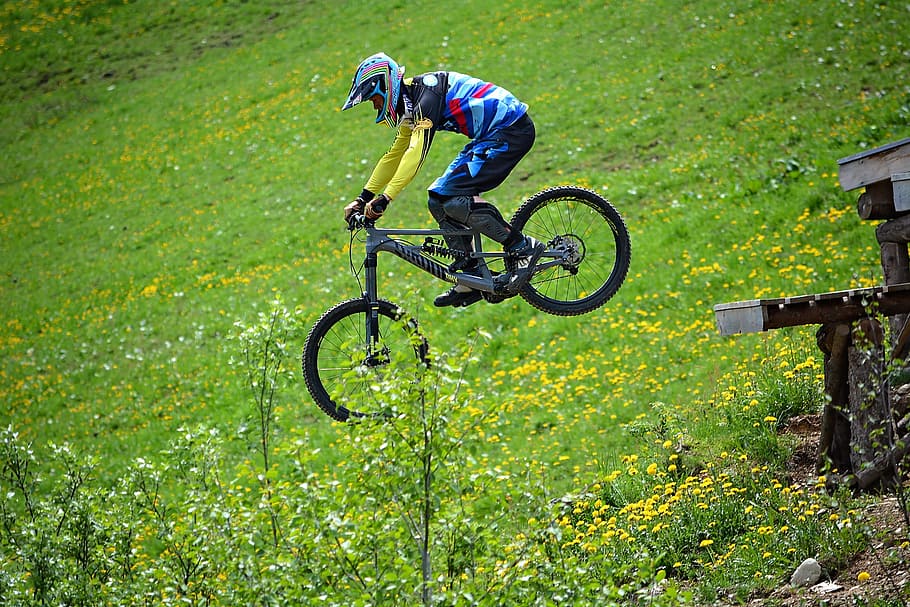 bike, human, person, sport, bike park, obstacle, jump, action