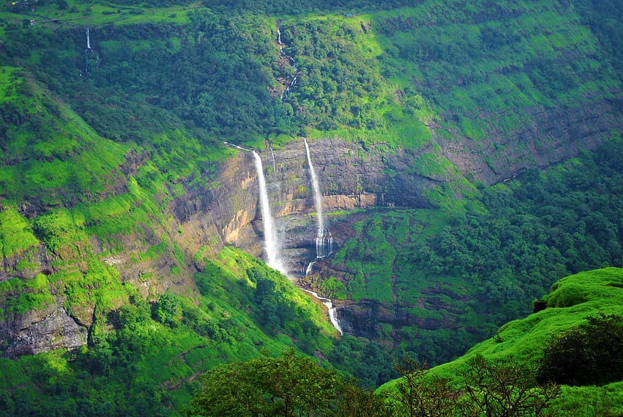 waterfalls, scenics - nature, plant, green color, beauty in nature HD wallpaper