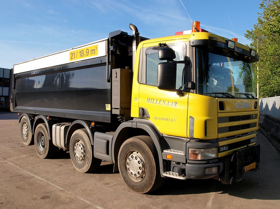 yellow and black garbage truck during daytime, lorry, scania