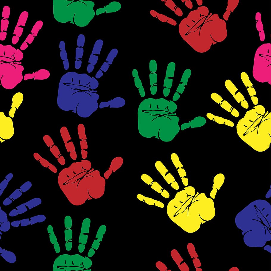 assorted-color hand paints with black background, handprints