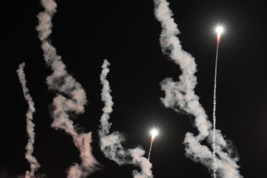 new year, firework, rockets, sky, illuminated, night, smoke - physical structure HD wallpaper
