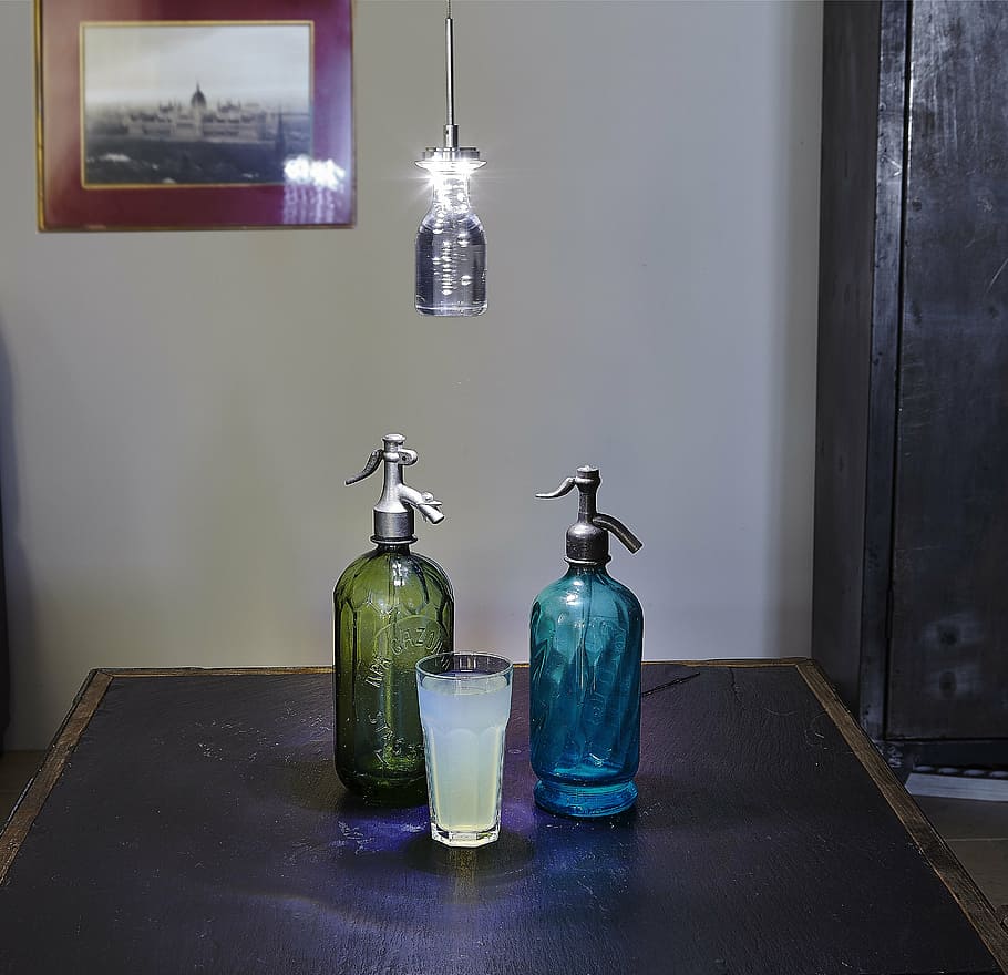 lamp, light, bottle, glass, water, drink, still lifes, table HD wallpaper