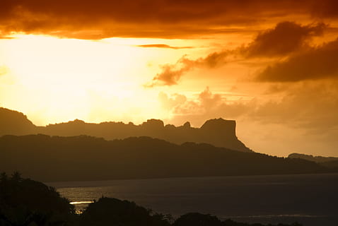palu, micronesia, sunset, sky, clouds, mountains, sea, ocean HD wallpaper