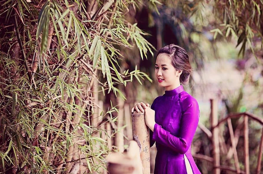 woman standing in front of brown bamboo stick, vietnam, girl, HD wallpaper