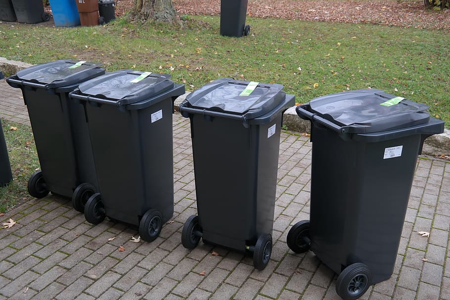 four black plastic bins, Garbage Can, Dustbin, Waste, ton, waste bins