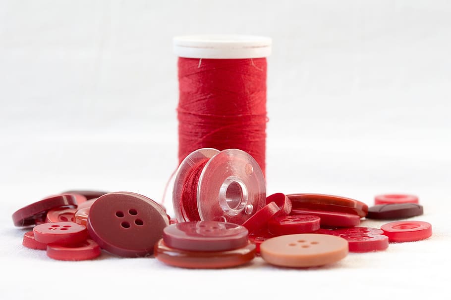 red thread spool surrounded with buttons, Red, Orb, sewing HD wallpaper
