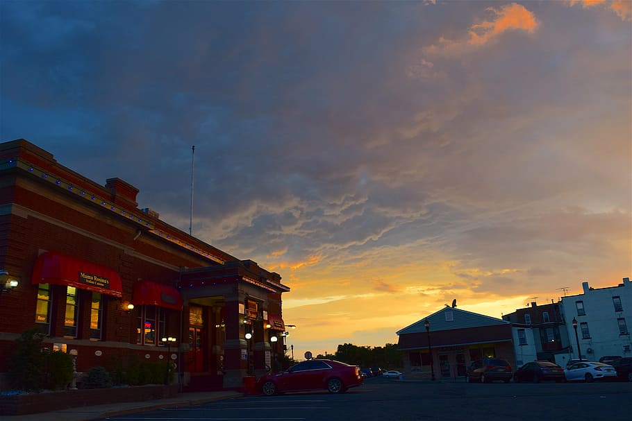 sunset, sky, building, town, clouds, outdoor, evening, sunlight HD wallpaper