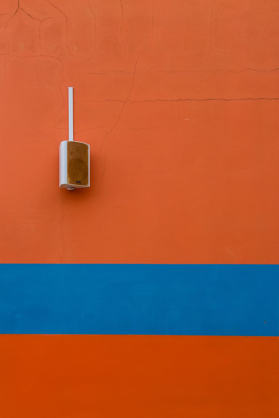 white speaker mounted on orange painted wall, rectangular white and brown speaker, HD wallpaper