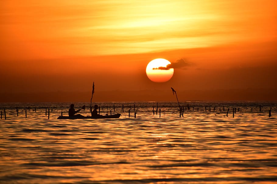 silhouette photography of person riding on boat, sunset, setting sun HD wallpaper