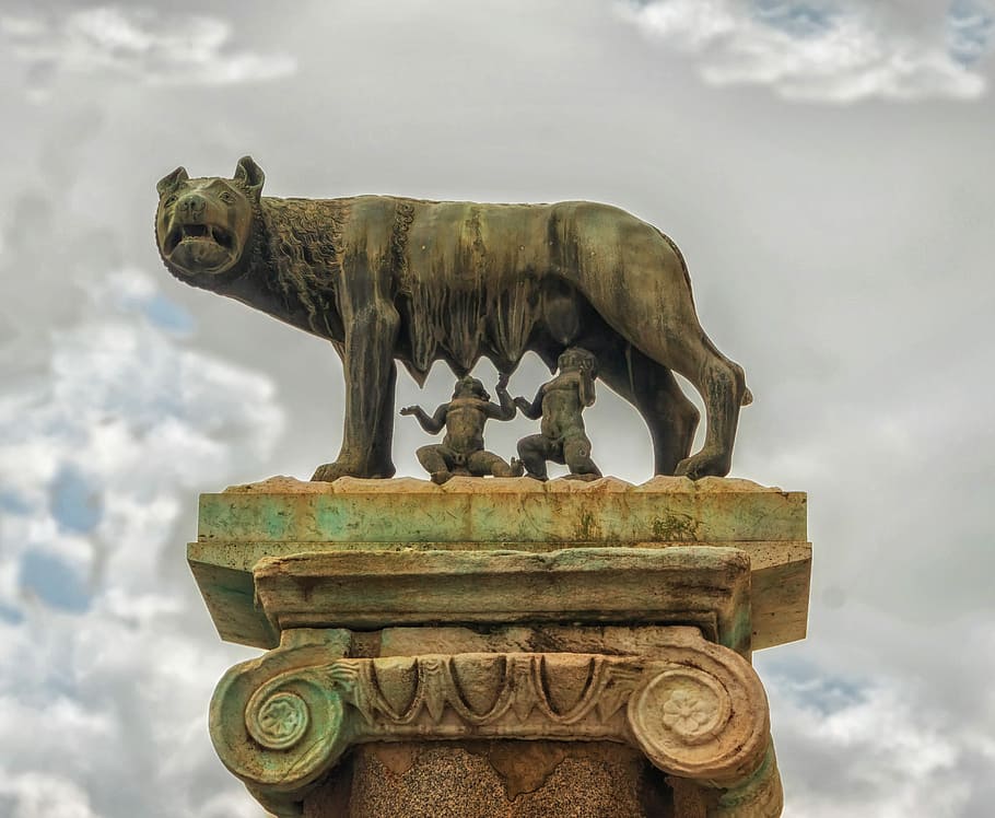 Shewolf, Romulus, Remus, Statue, Sky, clouds, artwork, sculpture HD wallpaper