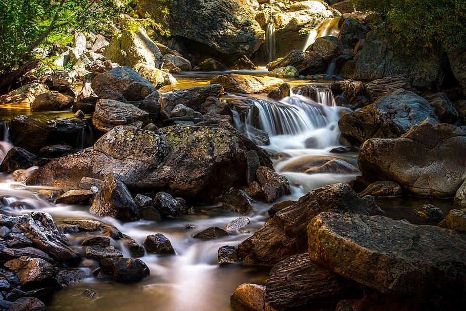 waterfalls, rock, flowing, creek, stream, river, stone, mountain HD wallpaper