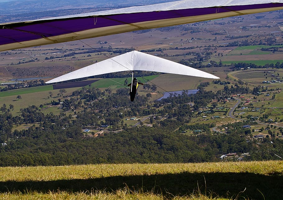 hang-gliders, flying, mountain top, high, scenery, rural, australia, HD wallpaper