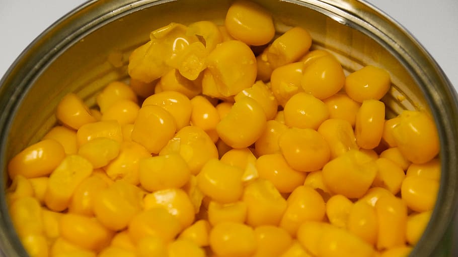 corn, vegetable, food, can, kernels, yellow, food and drink HD wallpaper
