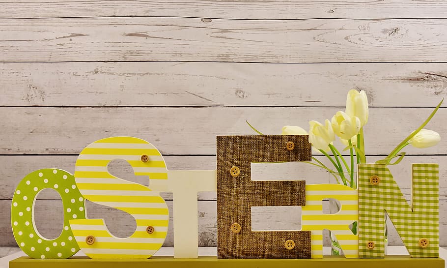 yellow and brown freestanding letters, easter, lettering, text HD wallpaper
