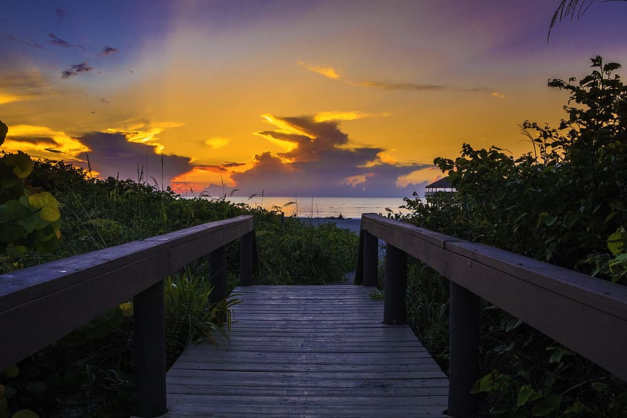 Photography of Wooden Bridge During Sunset, beach, clouds, coast HD wallpaper