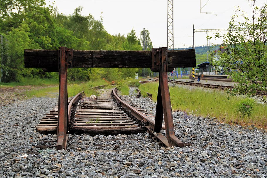line, end, track, train, railway, abandoned, transport, rusted