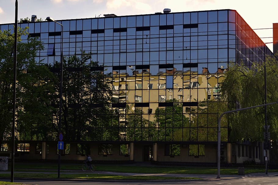 glass, house, mirrored, reflection, office building, warsaw HD wallpaper