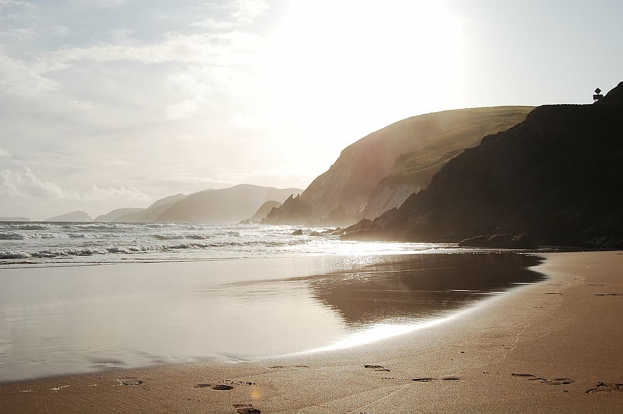 beach, dawn, dusk, footprints, landscape, outdoors, sand, sea HD wallpaper