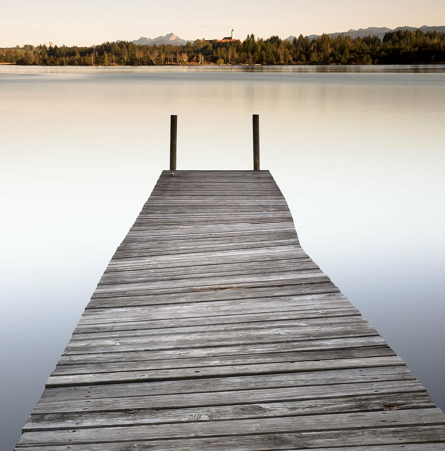 brown dock with body of water, kirchsee, bavaria, web, river HD wallpaper