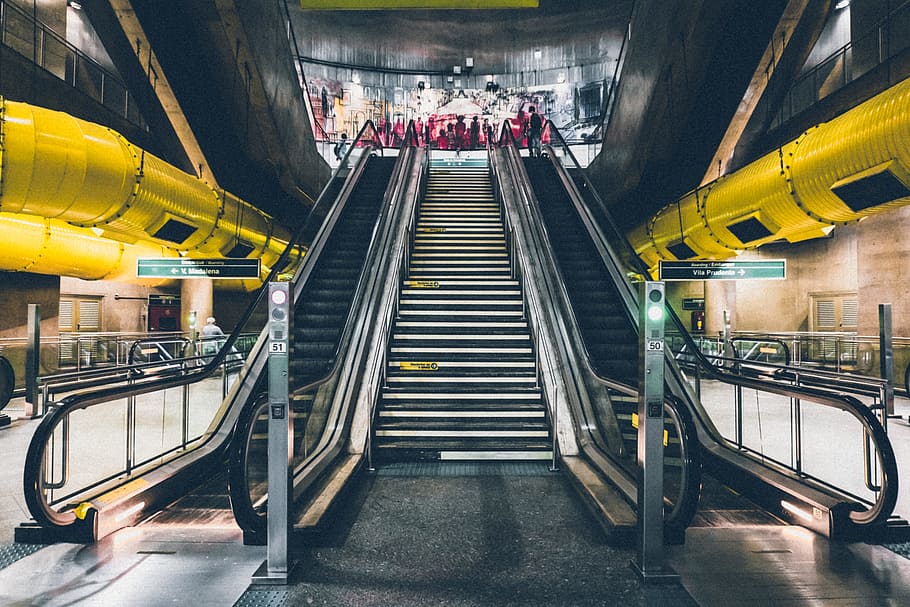 stairs, light, building, industry, escalators, indoors, metro HD wallpaper