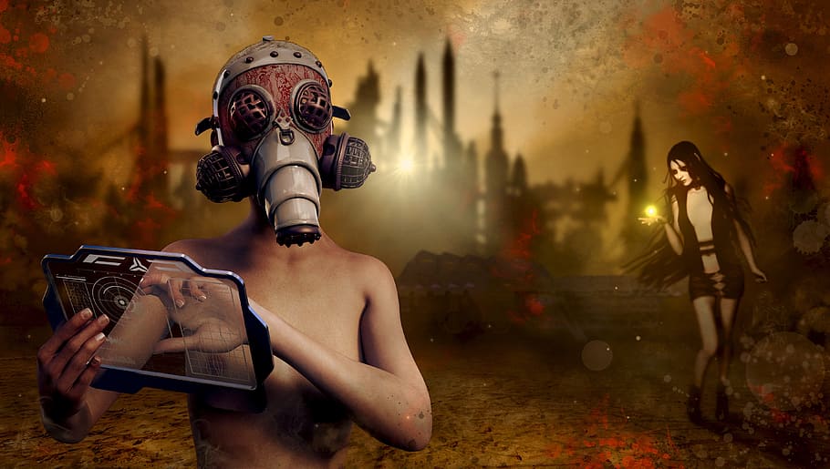 man wearing gas mask video game digital wallpaper, fantasy, end time