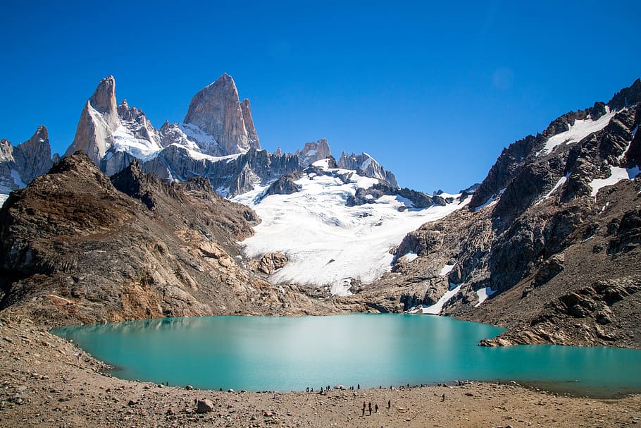 rocky mountain with snow, lake beside mountains at daytime, ice HD wallpaper