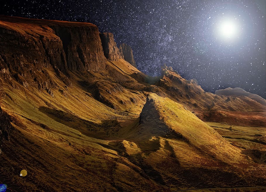 photo of a brown planet in galaxy, mountain, sky, landscape HD wallpaper