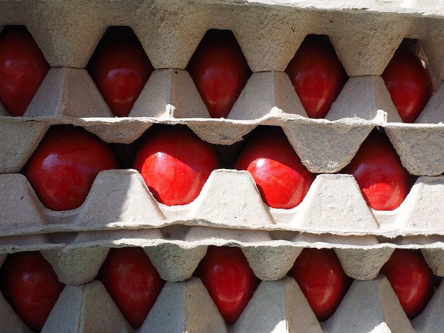 Easter Eggs, Egg Box, red, hartgekocht, hard, egg carton, in a row, HD wallpaper