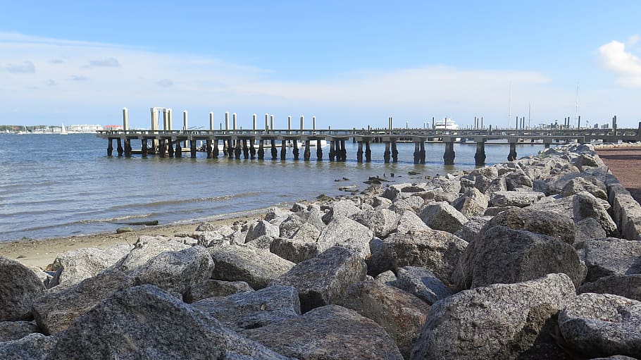 beach, stone, bridge, water, rock, solid, rock - object, sky HD wallpaper