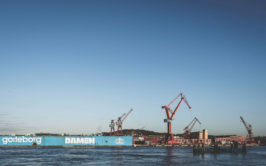 industrial, rigs, cranes, cargo, water, sky, equipment, construction HD wallpaper
