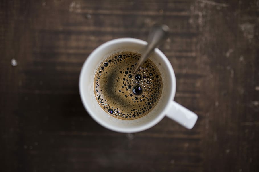coffee on white ceramic mug with stainless steel spoon, black coffee HD wallpaper