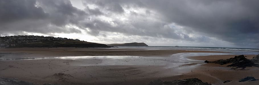 polzeath, cornwall, beach, moody, north cornwall, cloud - sky HD wallpaper