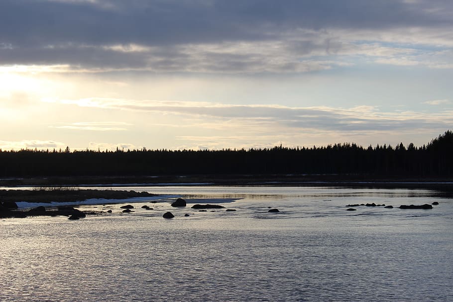 Russia, Sunset, Backlight, Water, north, stones, forest, nature HD wallpaper