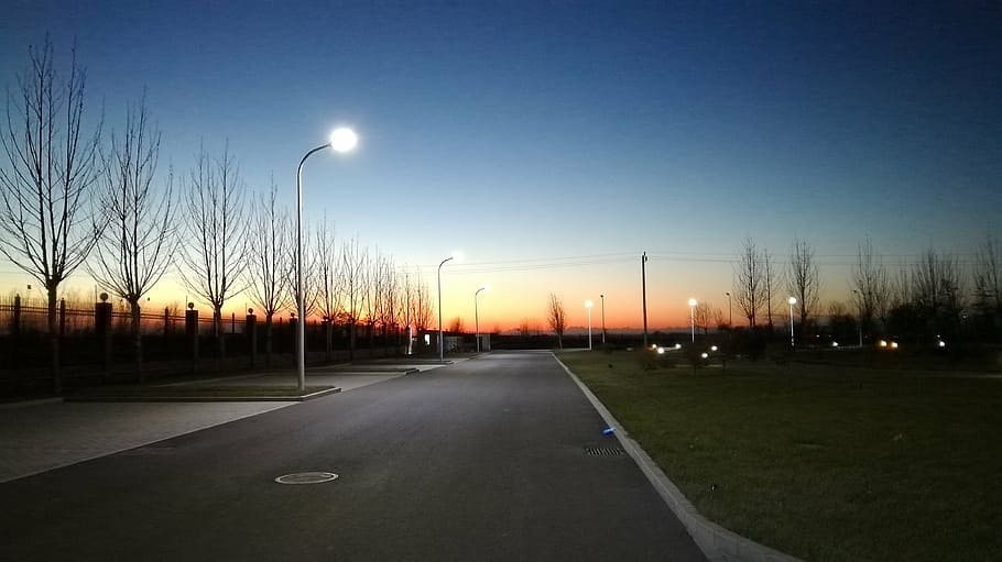 asphalt, dark, dawn, dusk, empty, evening, grass, guidance HD wallpaper