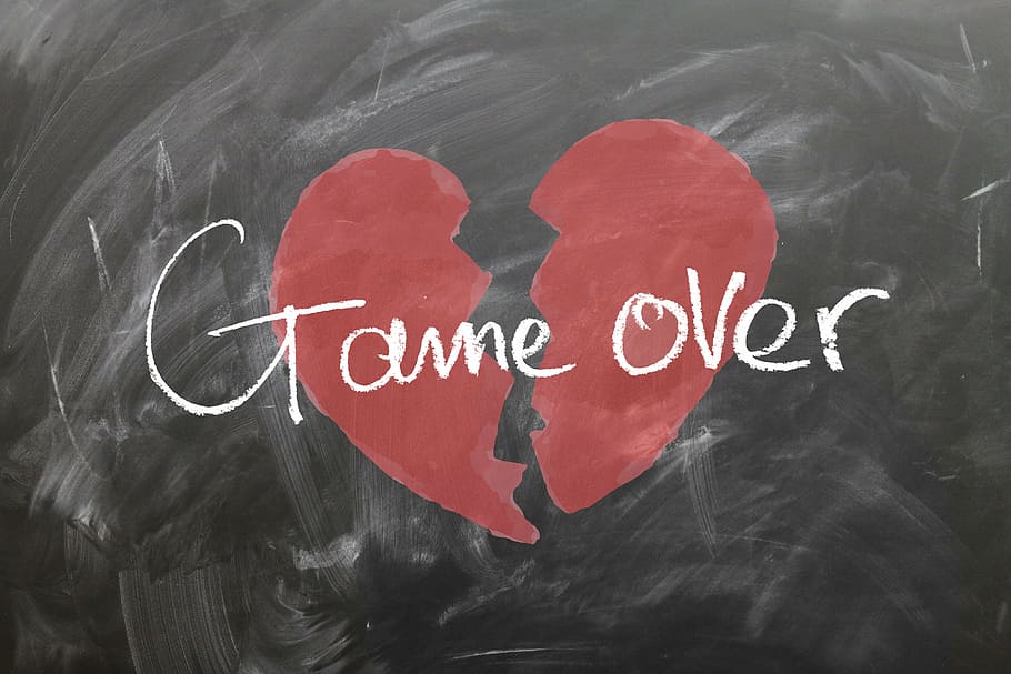red broken heart with game over text overlay, board, play, love
