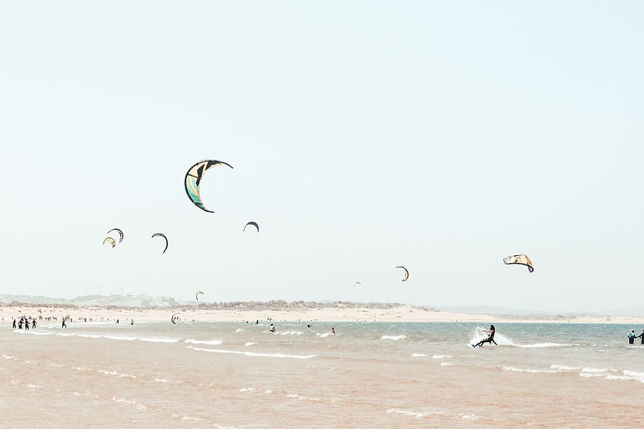 person surfing with glider during daytime, group of paragliders on sea, HD wallpaper